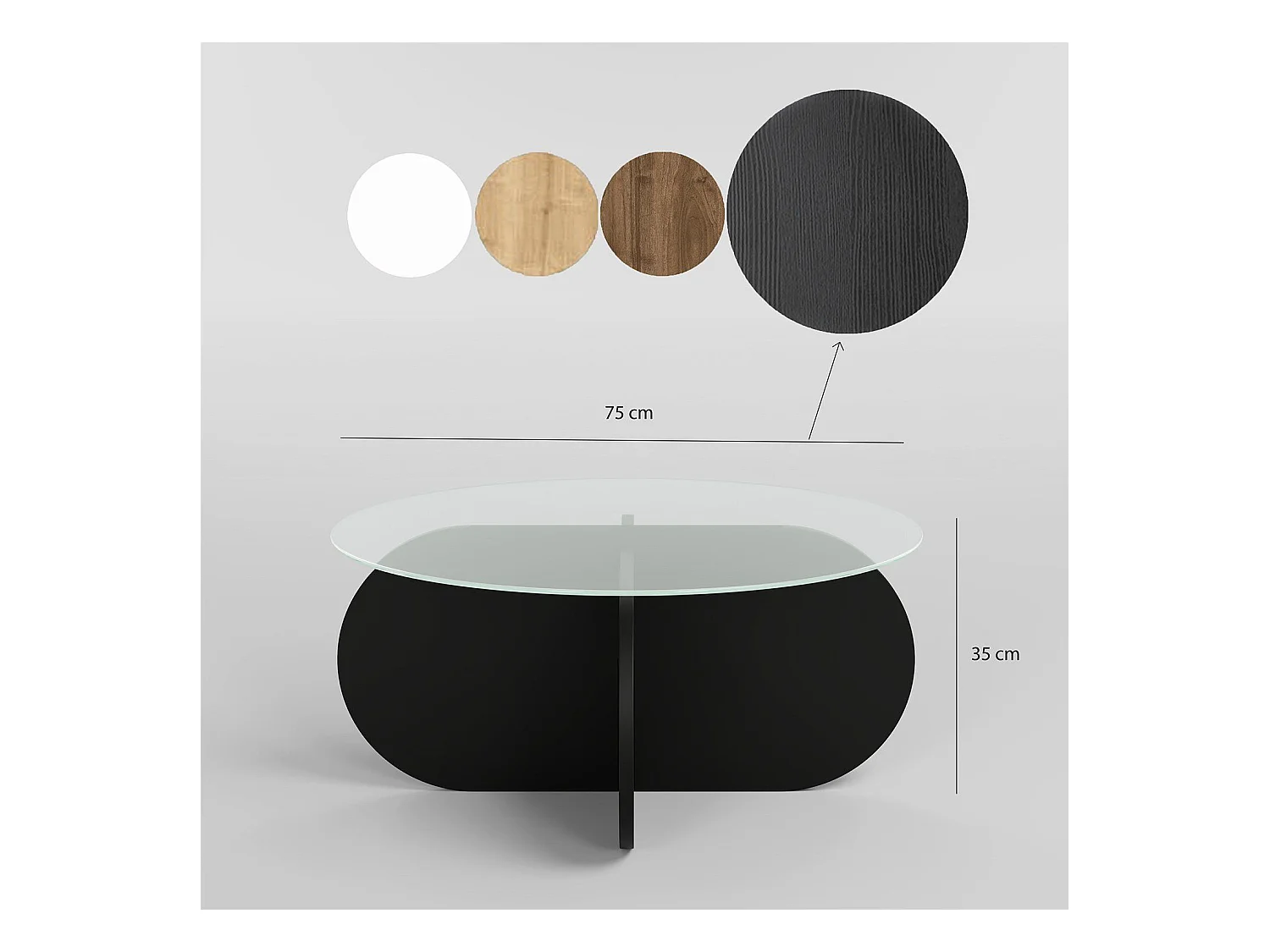 Mesa de café Kailua 239, Negro, 35cm, Diámetro: 75, Vidrio templado, Redonda