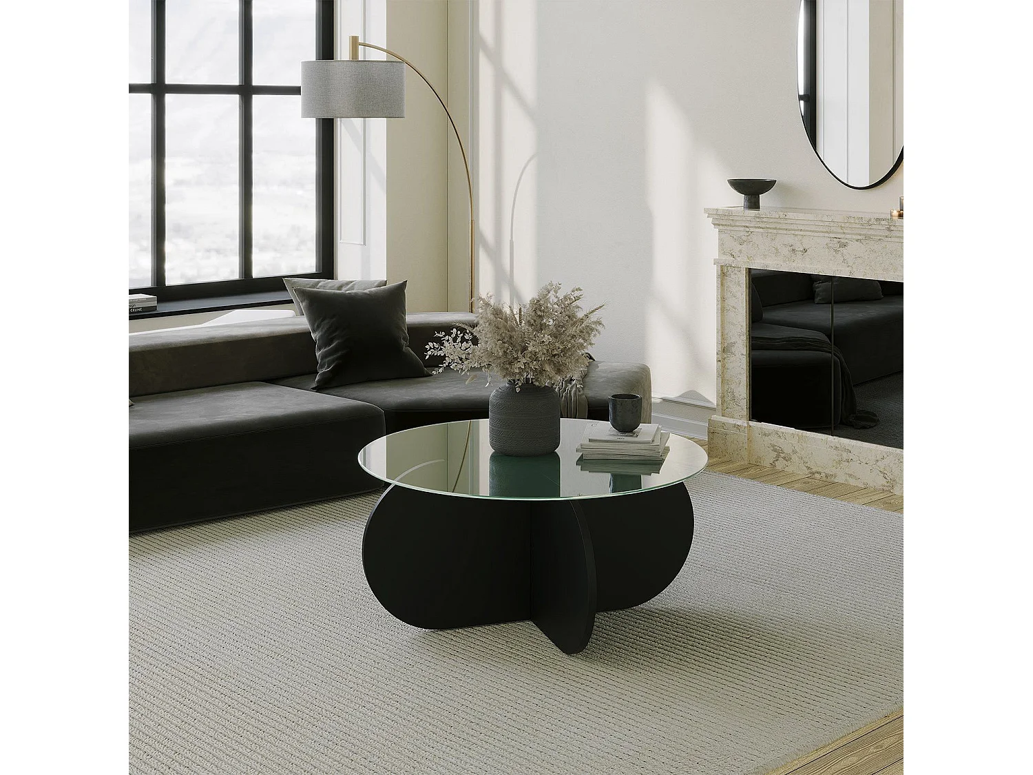 Table basse design Venas D75cm Bois Noir et Verre trompé Transparent