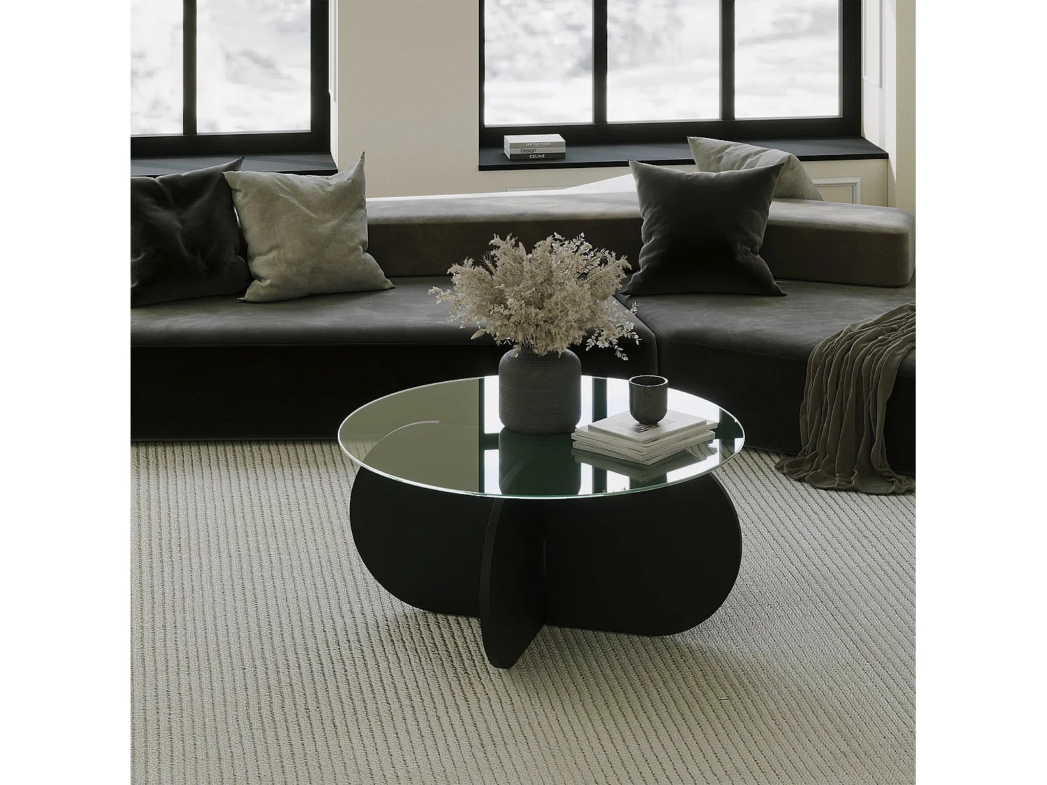 Table basse design Venas D75cm Bois Noir et Verre trompé Transparent