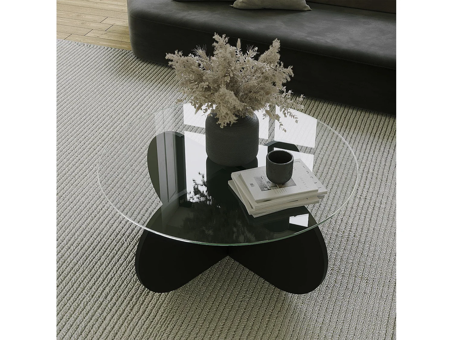 Table basse design Venas D75cm Bois Noir et Verre trompé Transparent