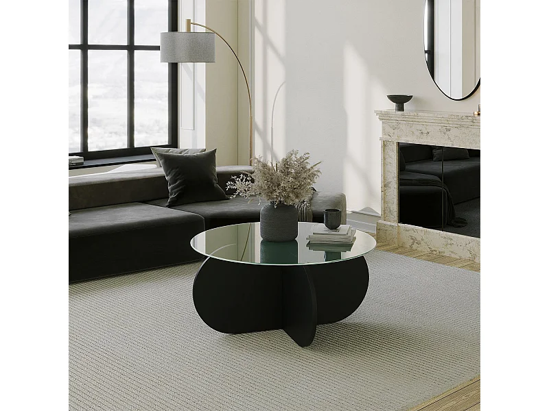 Table basse design Venas D75cm Bois Noir et Verre trompé Transparent