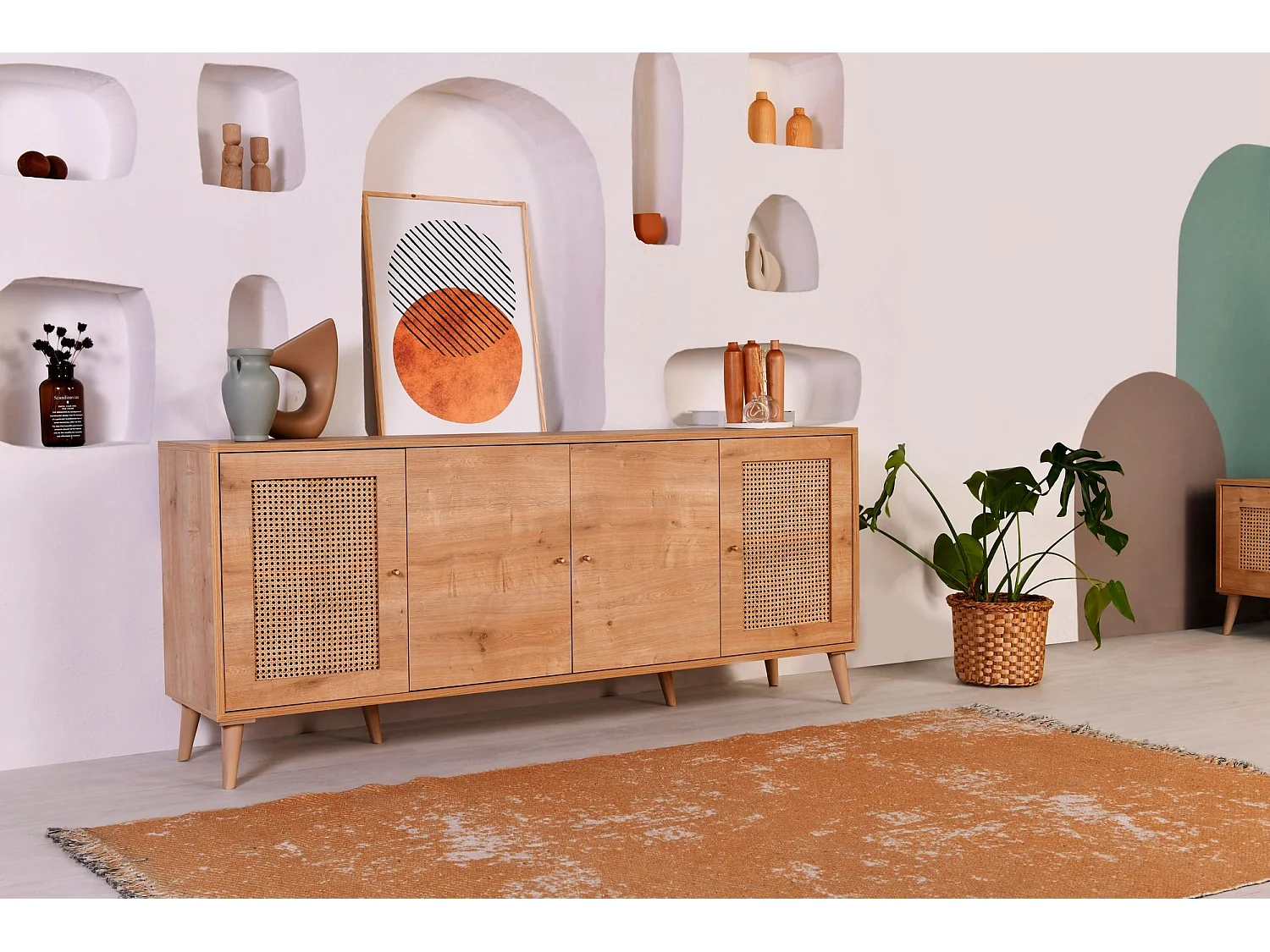 Buffet bas 4 portes avec cannage Lodim L180cm Chêne clair