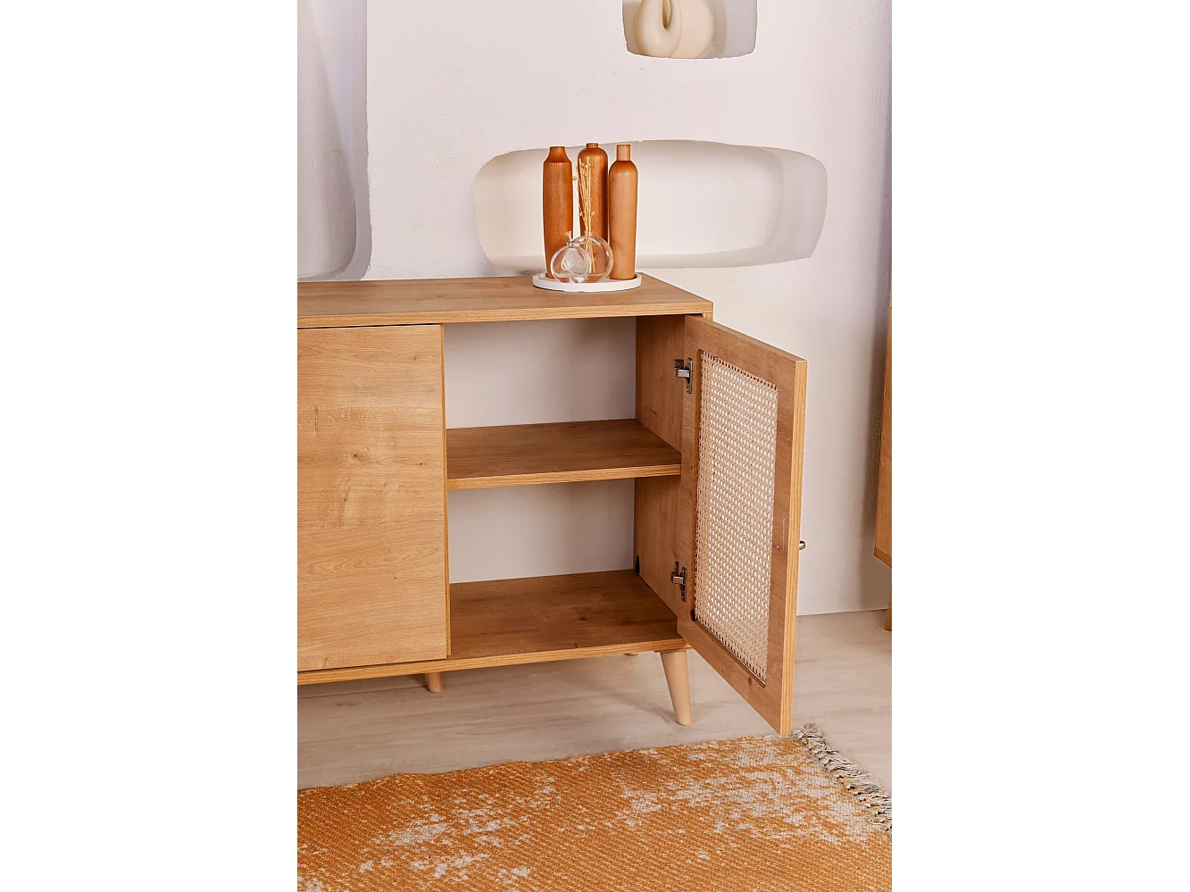 Buffet bas 4 portes avec cannage Lodim L180cm Chêne clair