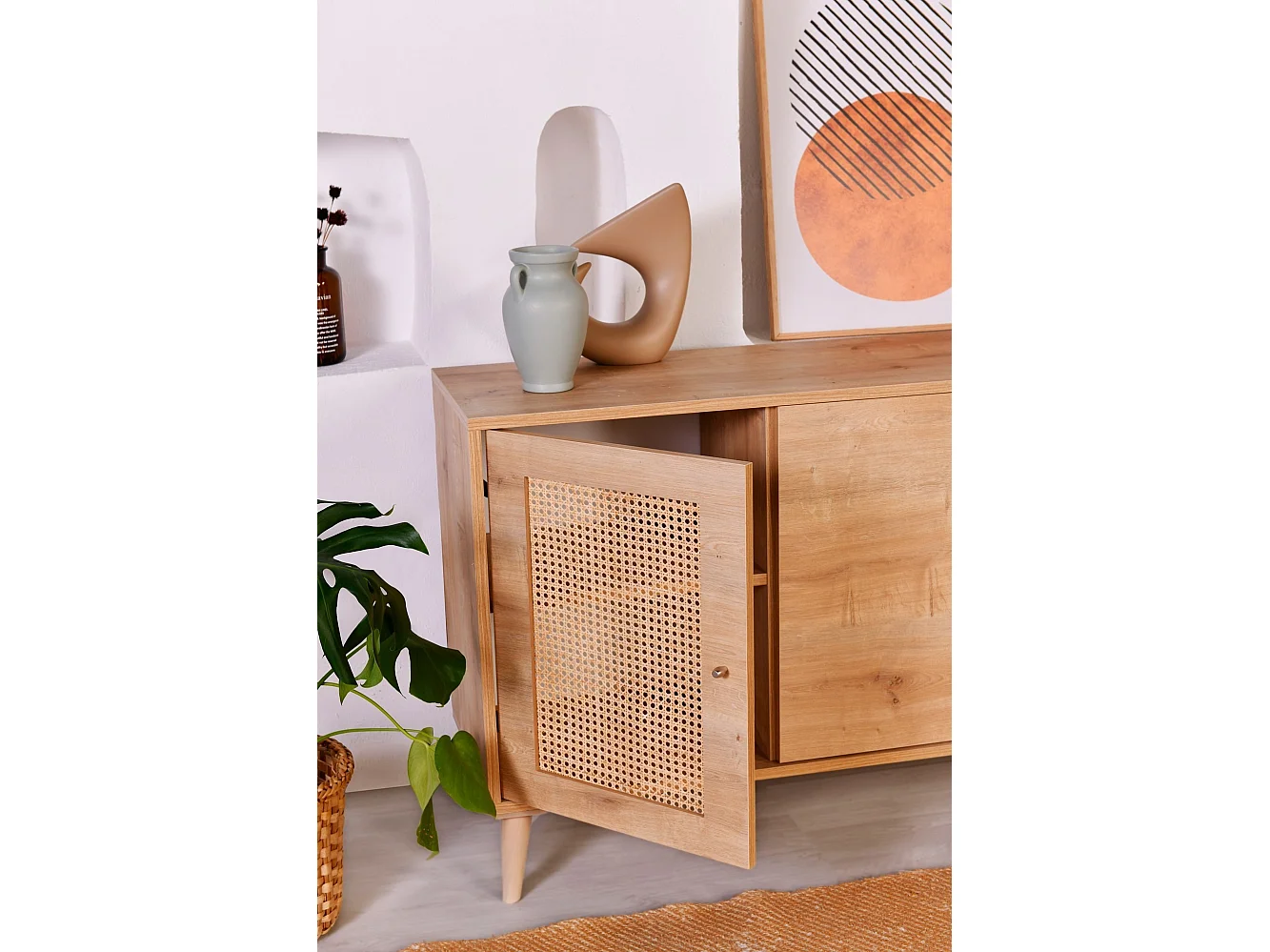 Buffet bas 4 portes avec cannage Lodim L180cm Chêne clair