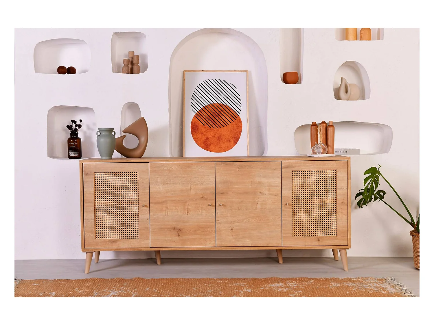 Buffet bas 4 portes avec cannage Lodim L180cm Chêne clair