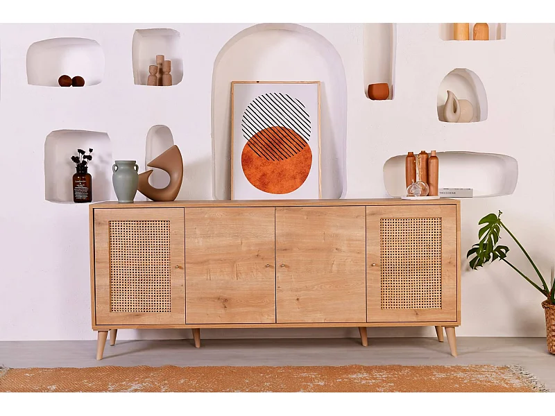 Buffet bas 4 portes avec cannage Lodim L180cm Chêne clair