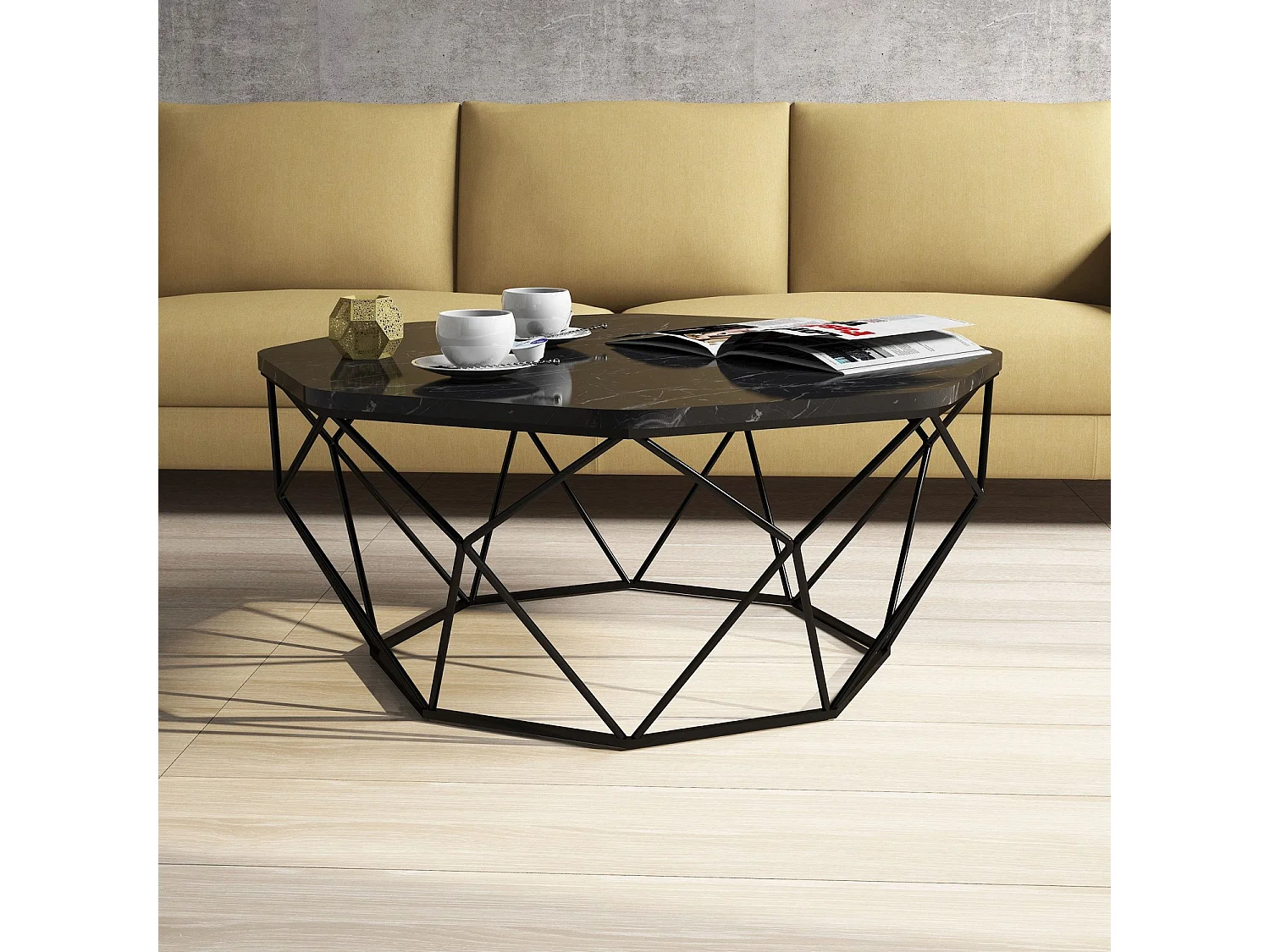 Table basse octogonale bois noir effet marbre et pieds acier noir Diva 90cm