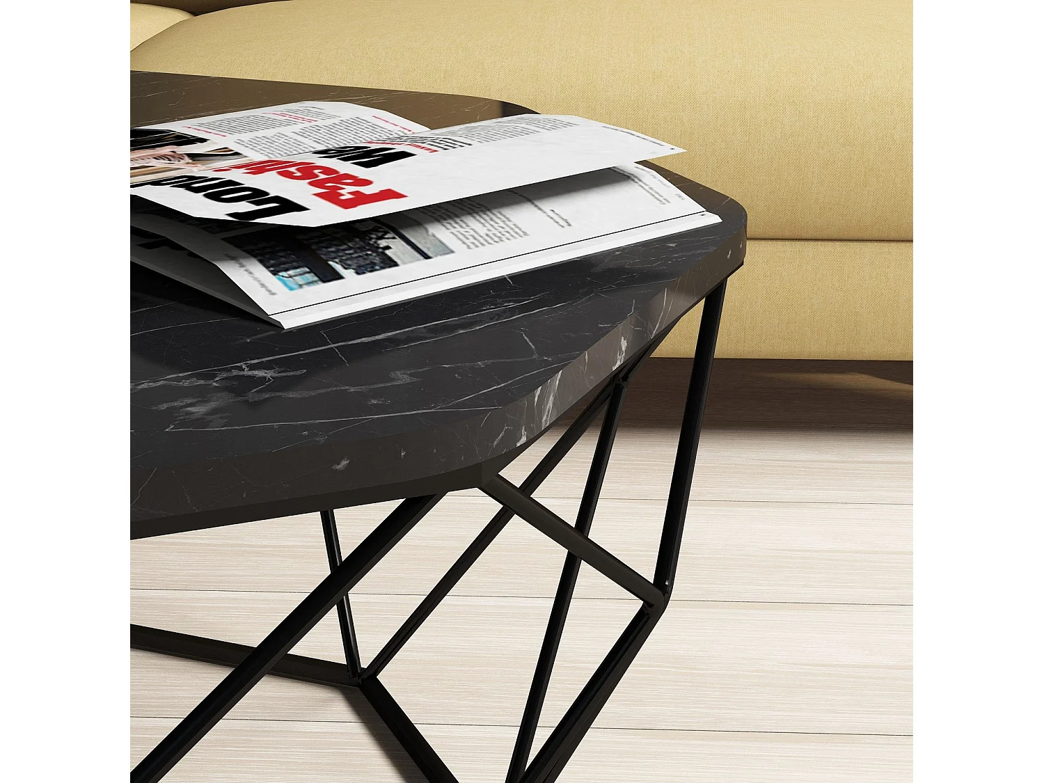 Table basse octogonale bois noir effet marbre et pieds acier noir Diva 90cm