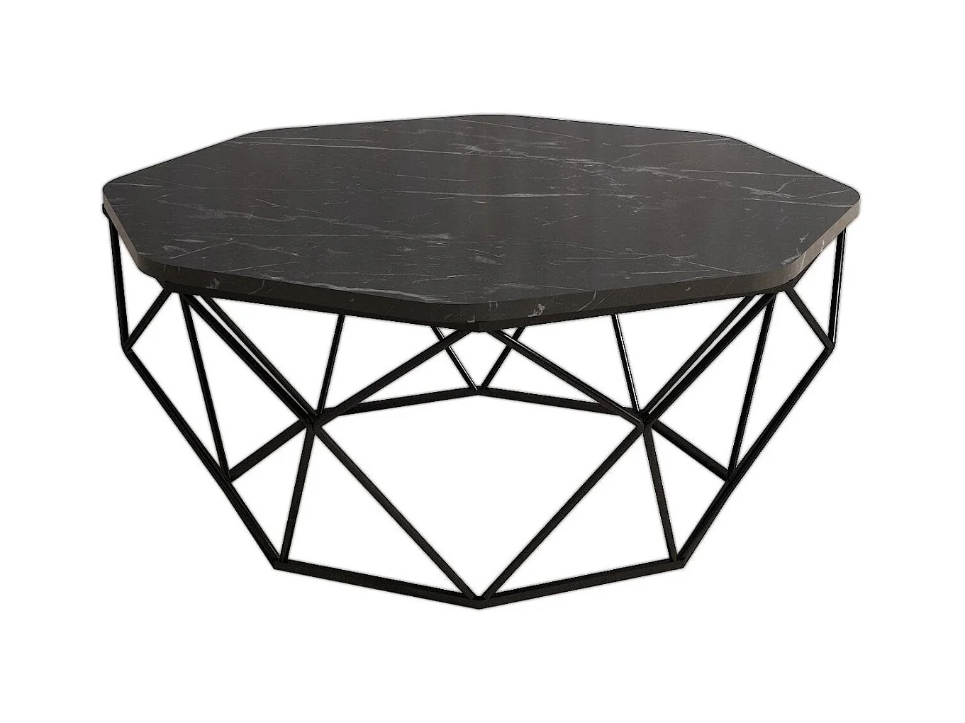 Table basse octogonale bois noir effet marbre et pieds acier noir Diva 90cm