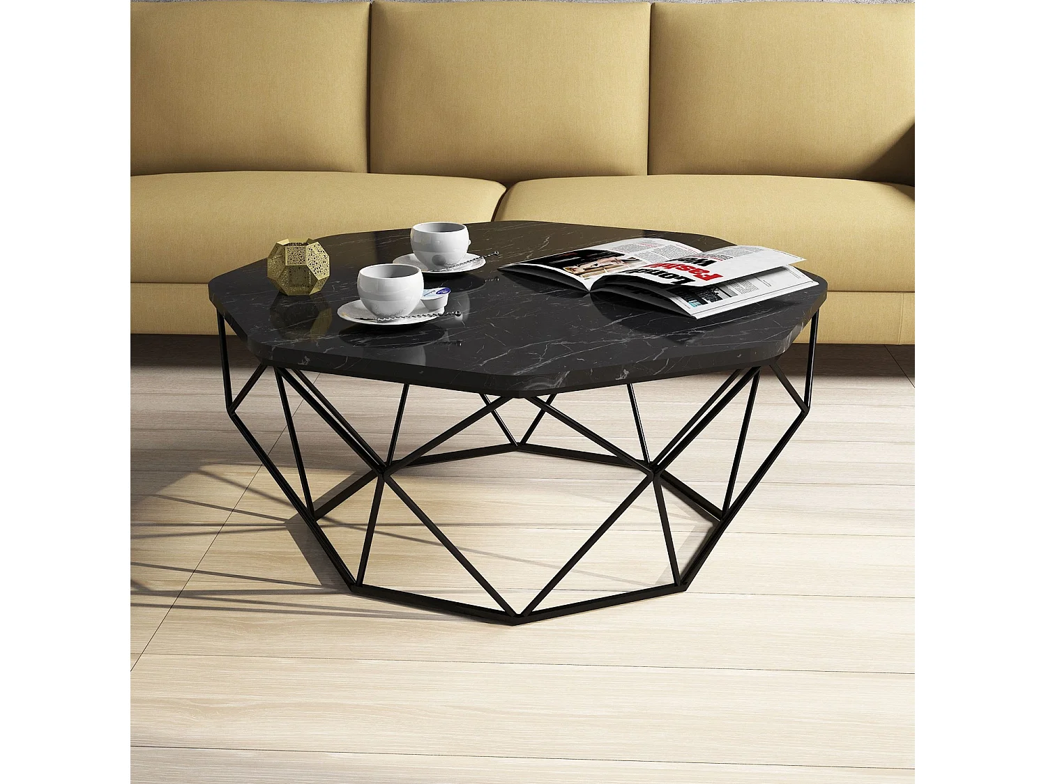 Table basse octogonale bois noir effet marbre et pieds acier noir Diva 90cm