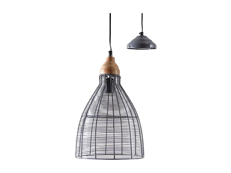 Lampe suspension en métal laqué gris et bois Cloche