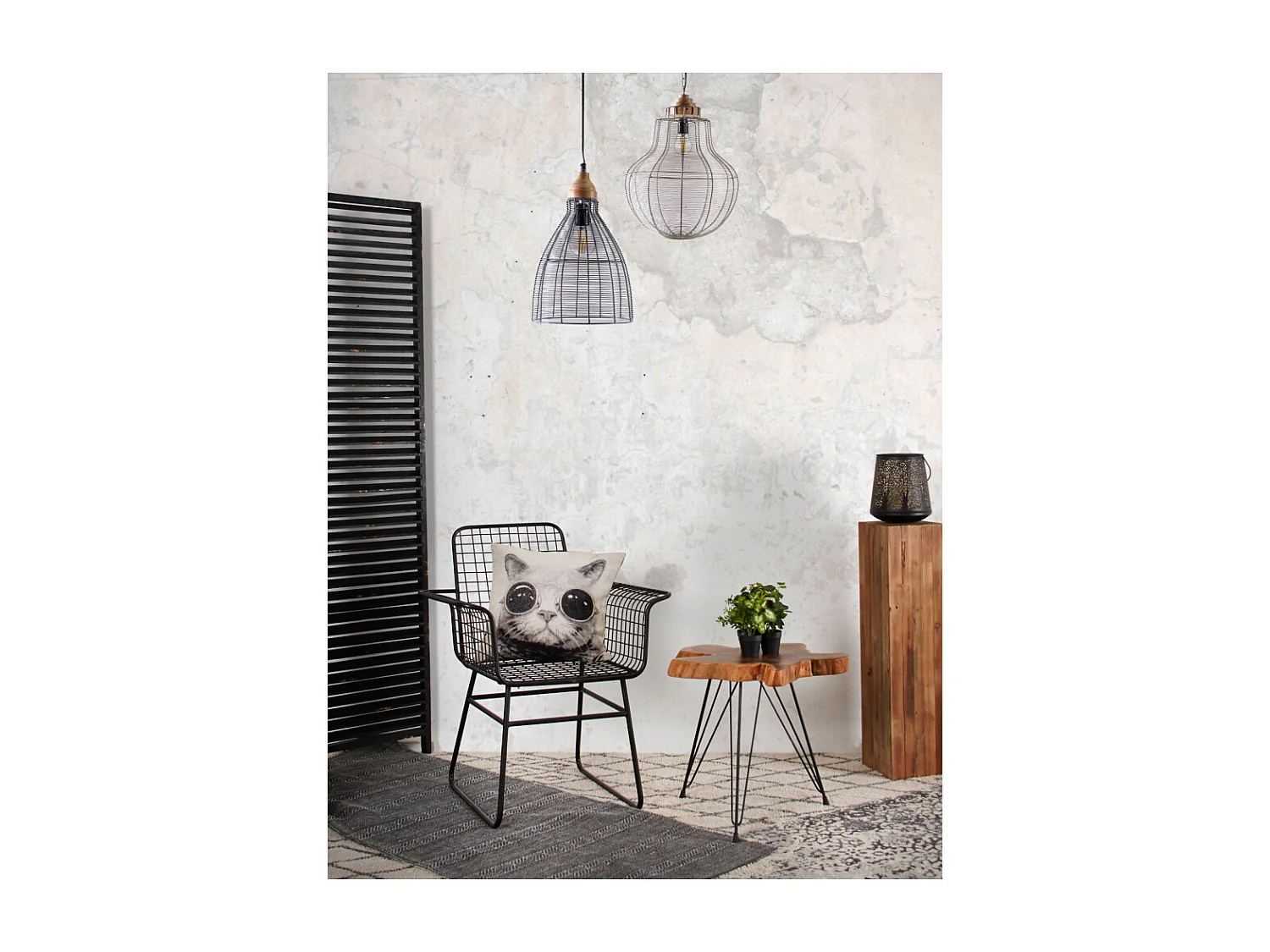Lampe suspension en métal laqué gris et bois Cloche