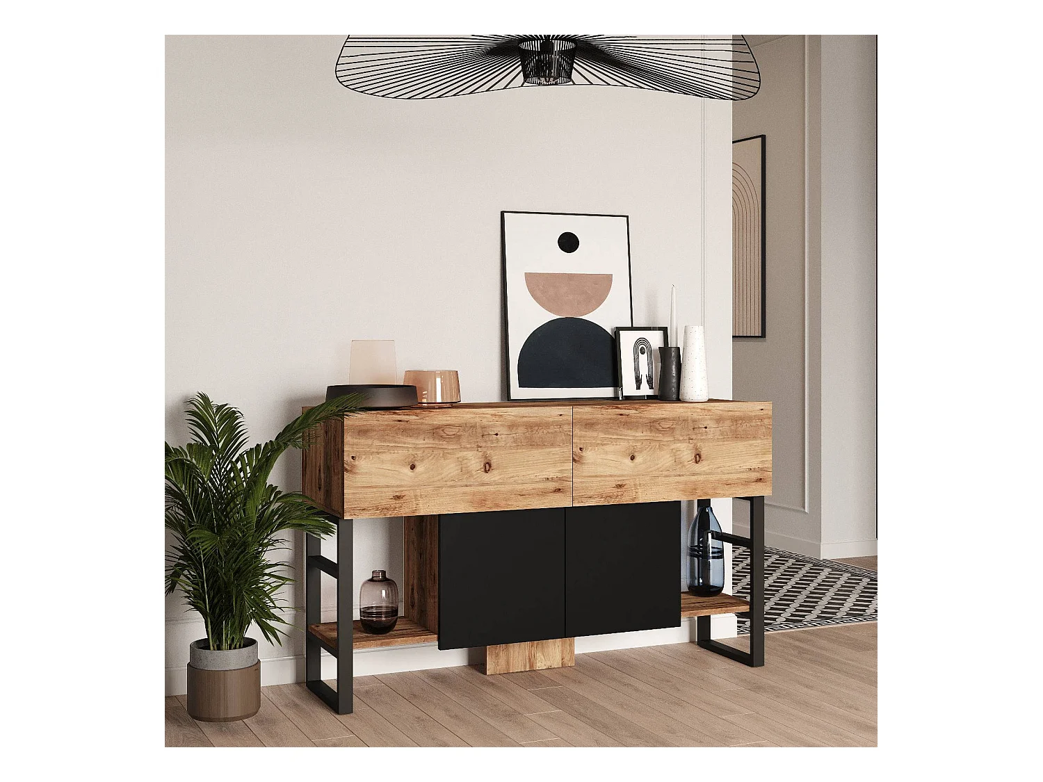 Buffet style industrielle Ournisse Métal Noir et Bois Naturel et Noir