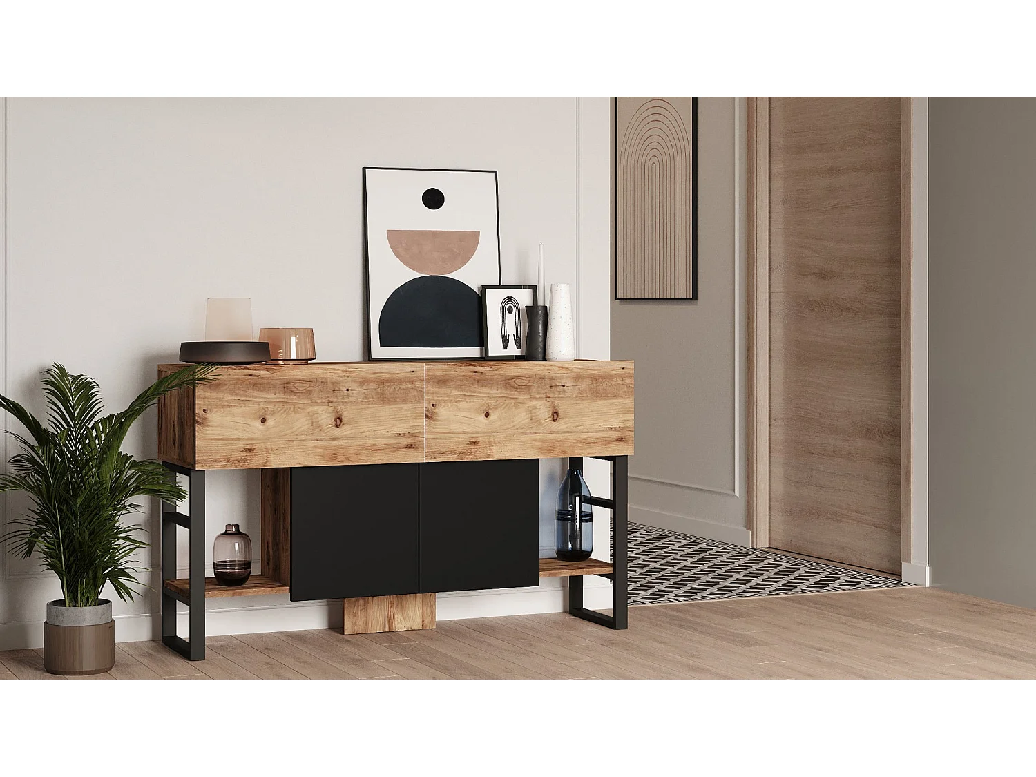 Buffet style industrielle Ournisse Métal Noir et Bois Naturel et Noir