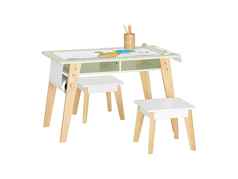 SoBuy KMB92-GR Ensemble Table d'Enfant + 2 Tabourets, Set de 3 Pièces Table à Dessin avec 1 Porte-Rouleau de Papier et 2 Compartiments Ouverts