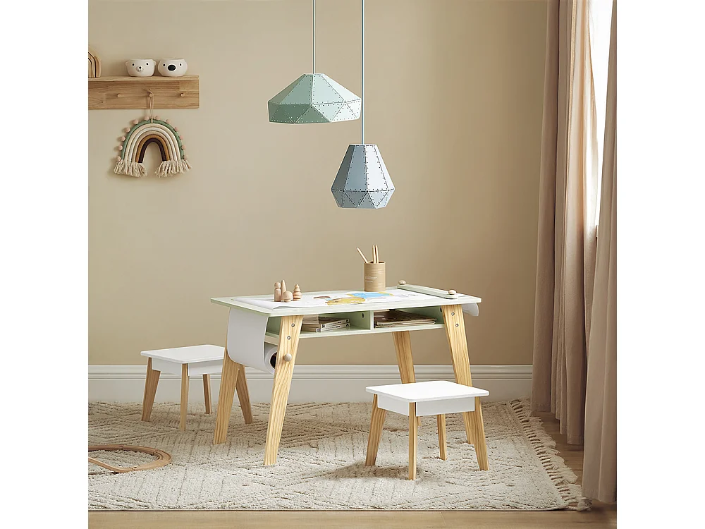 SoBuy KMB92-GR Ensemble Table d'Enfant + 2 Tabourets, Set de 3 Pièces Table à Dessin avec 1 Porte-Rouleau de Papier et 2 Compartiments Ouverts