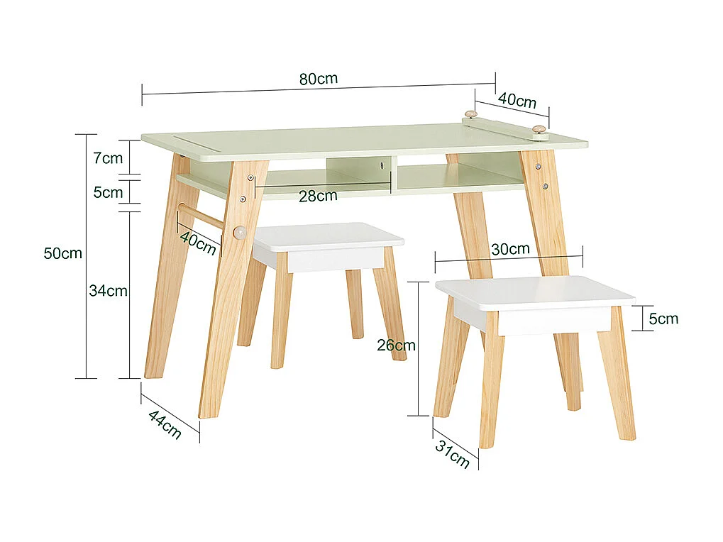 SoBuy KMB92-GR Ensemble Table d'Enfant + 2 Tabourets, Set de 3 Pièces Table à Dessin avec 1 Porte-Rouleau de Papier et 2 Compartiments Ouverts