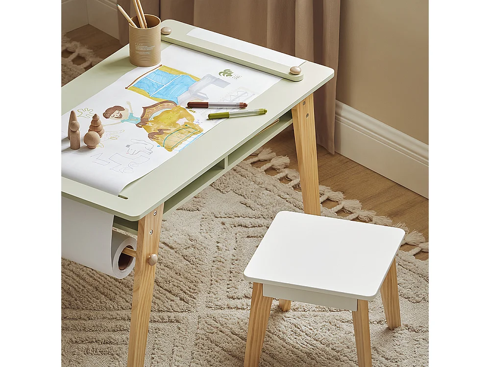 SoBuy KMB92-GR Ensemble Table d'Enfant + 2 Tabourets, Set de 3 Pièces Table à Dessin avec 1 Porte-Rouleau de Papier et 2 Compartiments Ouverts