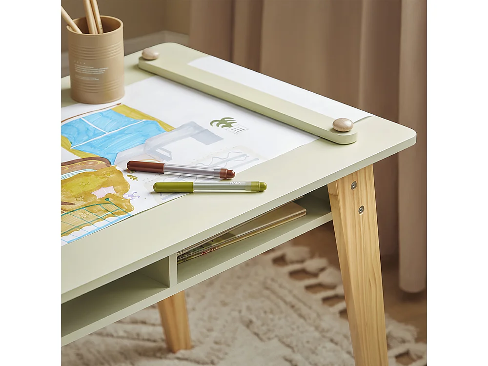 SoBuy KMB92-GR Ensemble Table d'Enfant + 2 Tabourets, Set de 3 Pièces Table à Dessin avec 1 Porte-Rouleau de Papier et 2 Compartiments Ouverts