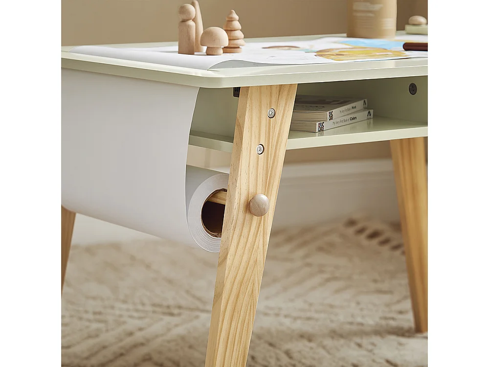 SoBuy KMB92-GR Ensemble Table d'Enfant + 2 Tabourets, Set de 3 Pièces Table à Dessin avec 1 Porte-Rouleau de Papier et 2 Compartiments Ouverts