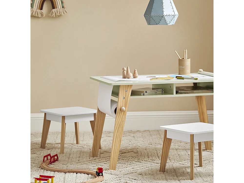 SoBuy KMB92-GR Ensemble Table d'Enfant + 2 Tabourets, Set de 3 Pièces Table à Dessin avec 1 Porte-Rouleau de Papier et 2 Compartiments Ouverts