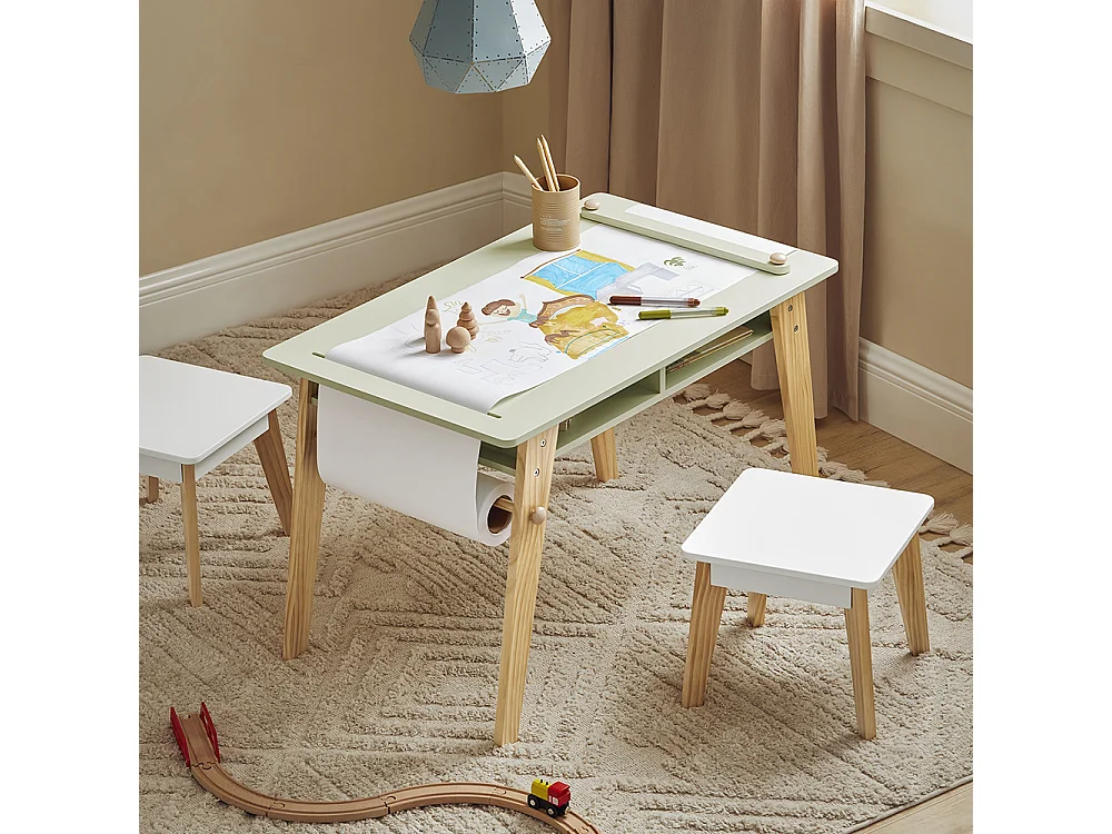 SoBuy KMB92-GR Ensemble Table d'Enfant + 2 Tabourets, Set de 3 Pièces Table à Dessin avec 1 Porte-Rouleau de Papier et 2 Compartiments Ouverts