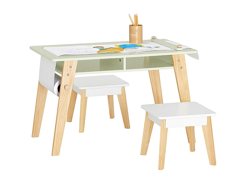 SoBuy KMB92-GR Ensemble Table d'Enfant + 2 Tabourets, Set de 3 Pièces Table à Dessin avec 1 Porte-Rouleau de Papier et 2 Compartiments Ouverts