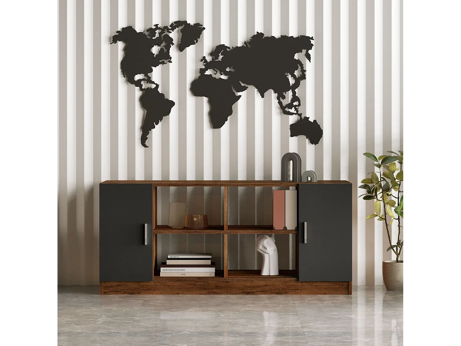 Bureau, buffet, bibliothèque, commode et table basse Busymo Chêne foncé et Gris