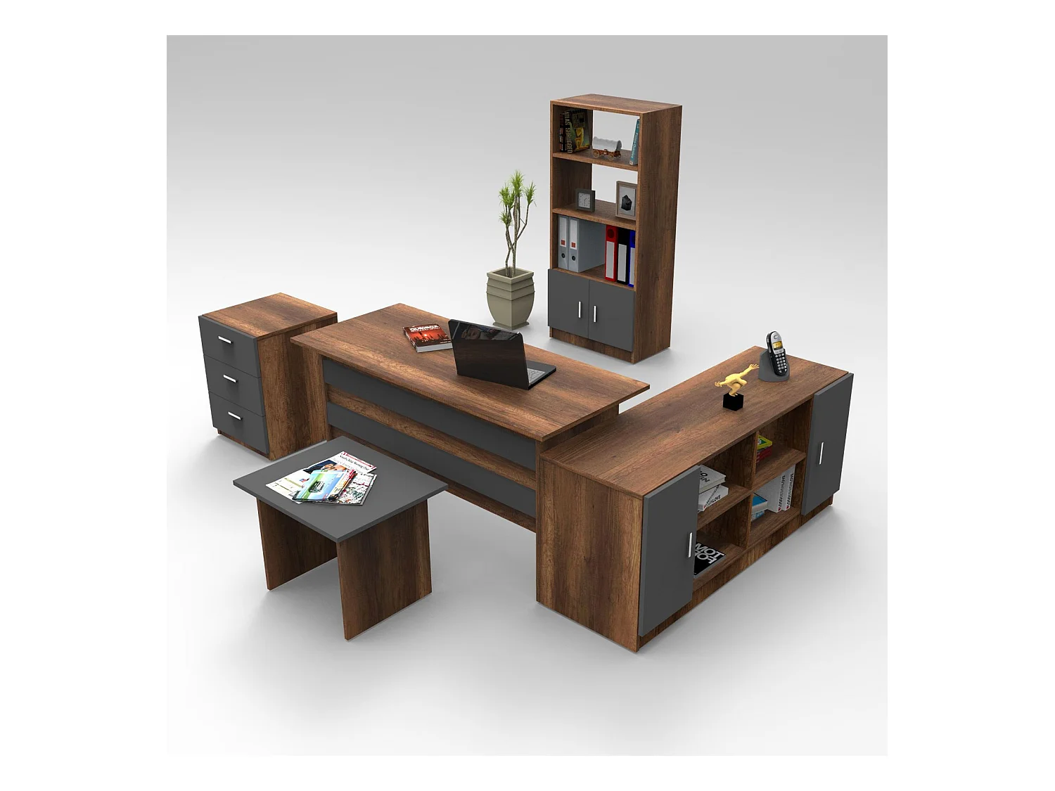 Bureau, buffet, bibliothèque, commode et table basse Busymo Chêne foncé et Gris