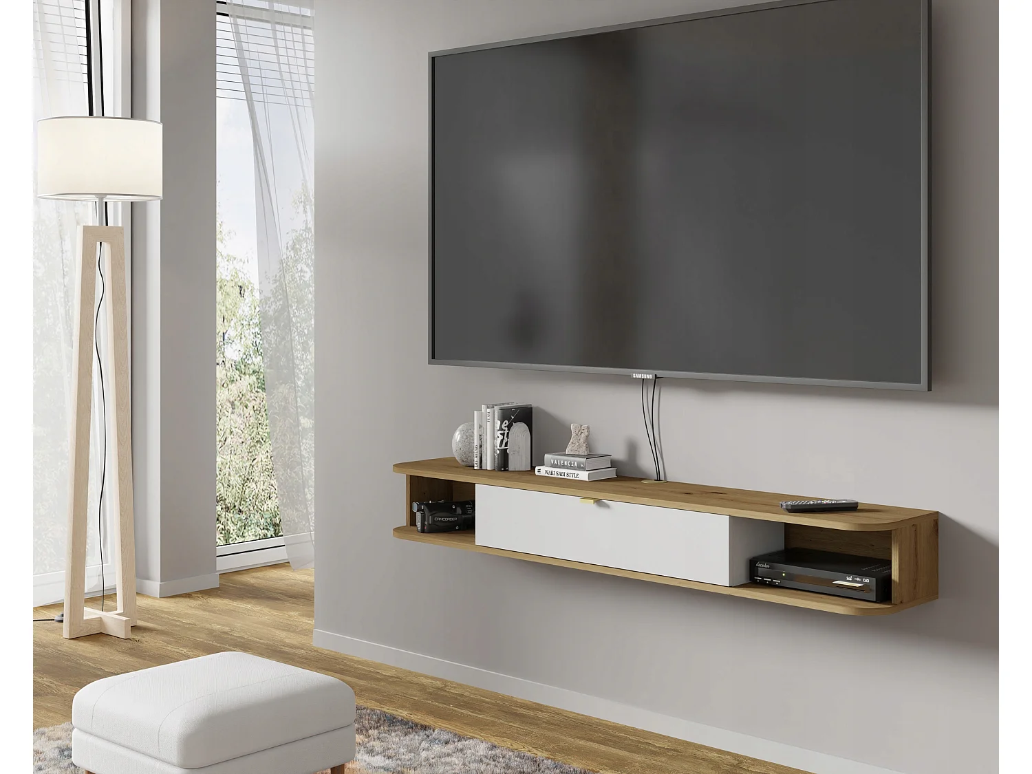 Meuble TV à suspendre 156x20x29cm IKARI chêne artisanal/blanc mat luxueux sideboeard commode