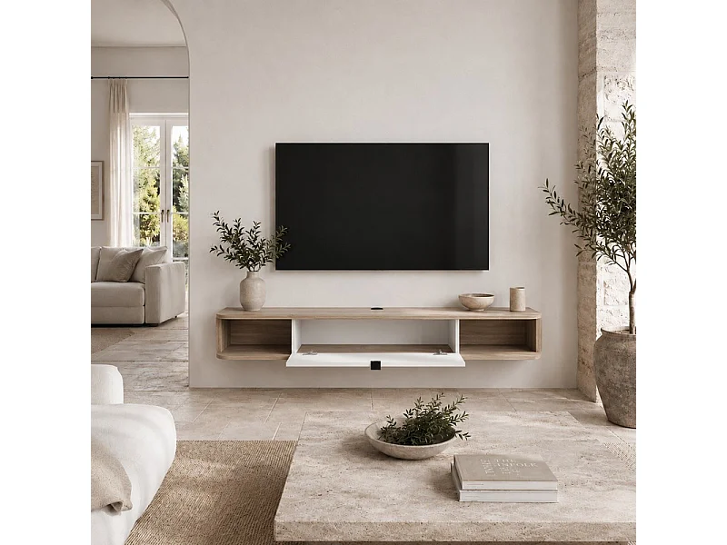 Meuble TV à suspendre 156x20x29cm IKARI chêne artisanal/blanc mat luxueux sideboeard commode