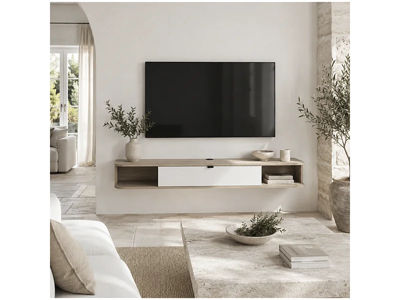 Meuble TV à suspendre 156x20x29cm IKARI chêne artisanal/blanc mat luxueux sideboeard commode