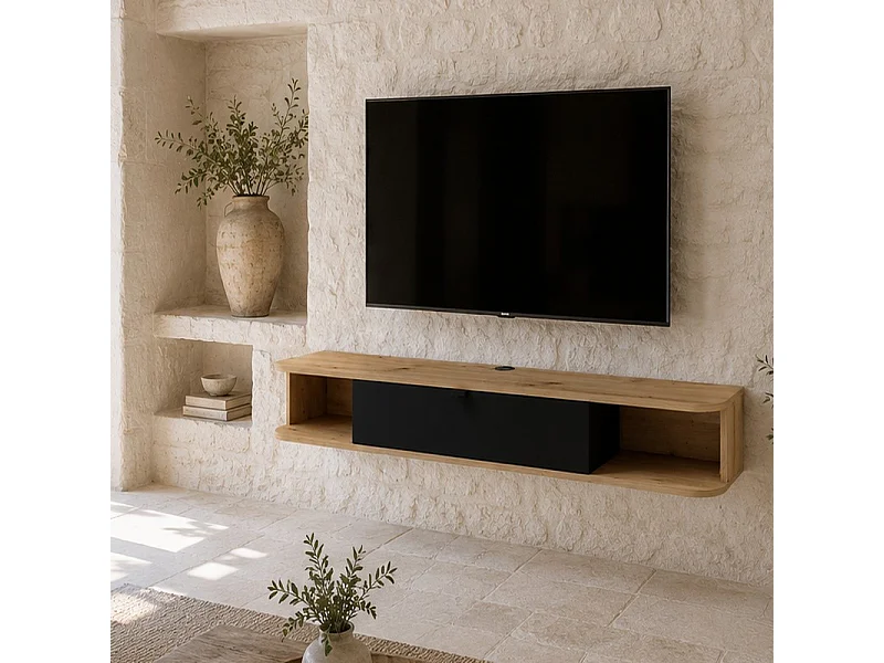 Meuble TV à suspendre 156x20x29cm IKARI chêne artisanal/noir mat luxueux sideboeard commode