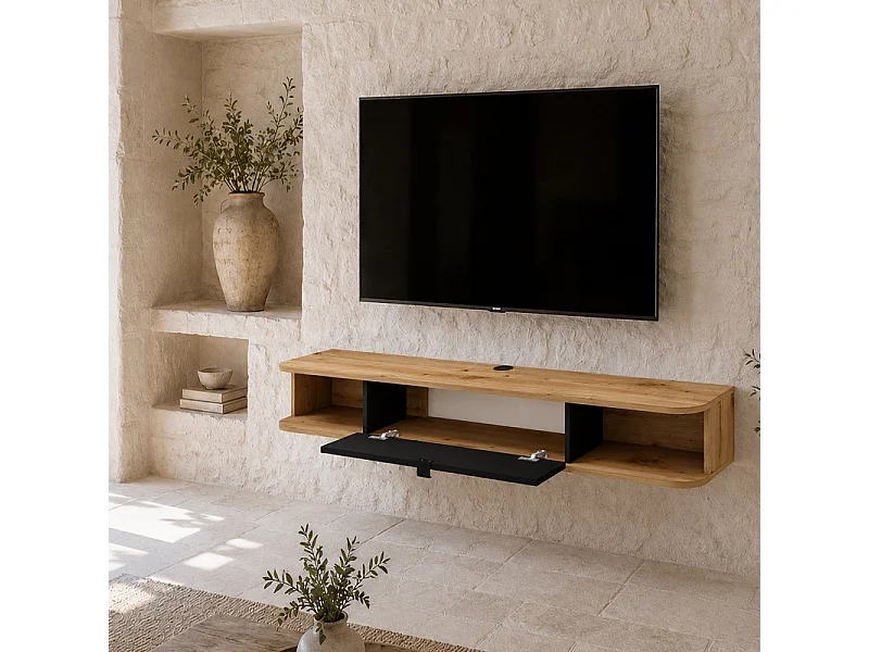 Meuble TV à suspendre 156x20x29cm IKARI chêne artisanal/noir mat luxueux sideboeard commode