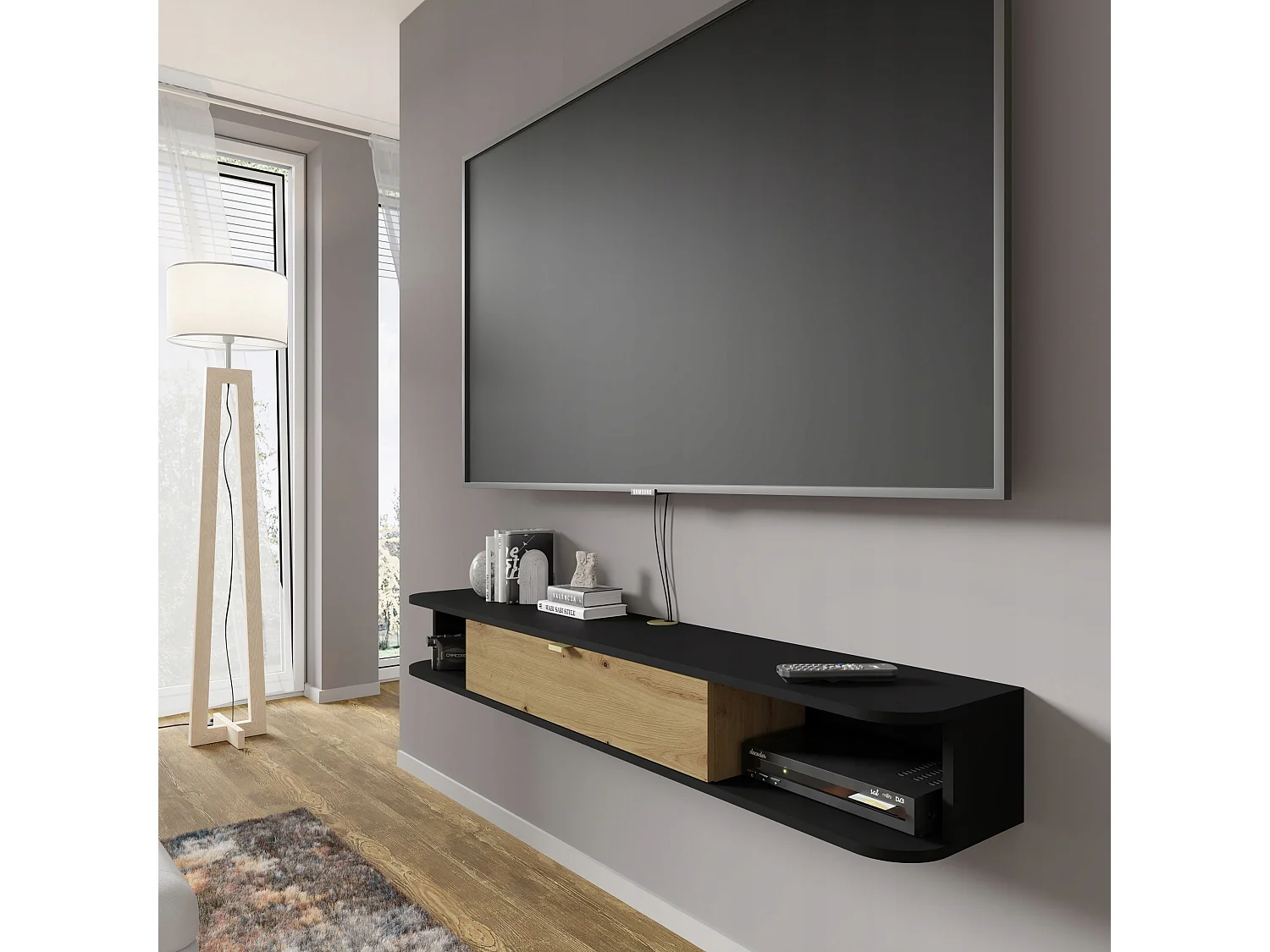 Meuble TV à suspendre 156x20x29cm IKARI mat/chêne artisanal luxueux sideboeard commode