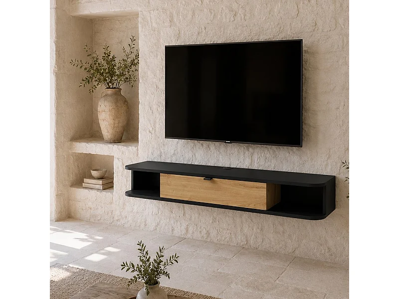 Meuble TV à suspendre 156x20x29cm IKARI mat/chêne artisanal luxueux sideboeard commode