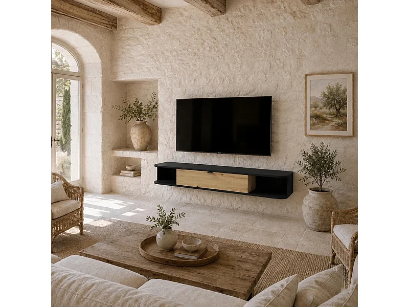 Meuble TV à suspendre 156x20x29cm IKARI mat/chêne artisanal luxueux sideboeard commode