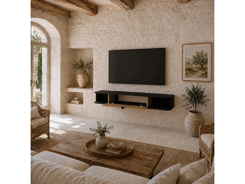Meuble TV à suspendre 156x20x29cm IKARI mat/chêne artisanal luxueux sideboeard commode