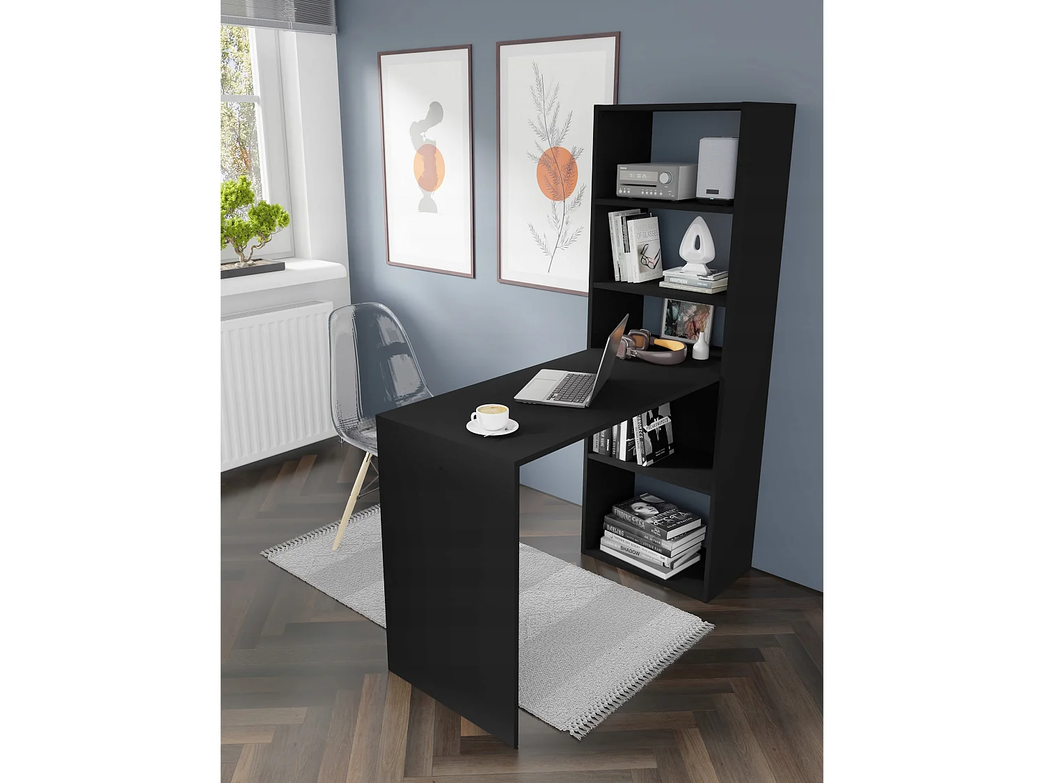 Bureau HARMONIE Table avec étagères pour ordinateur Bureau ménager Noir mat