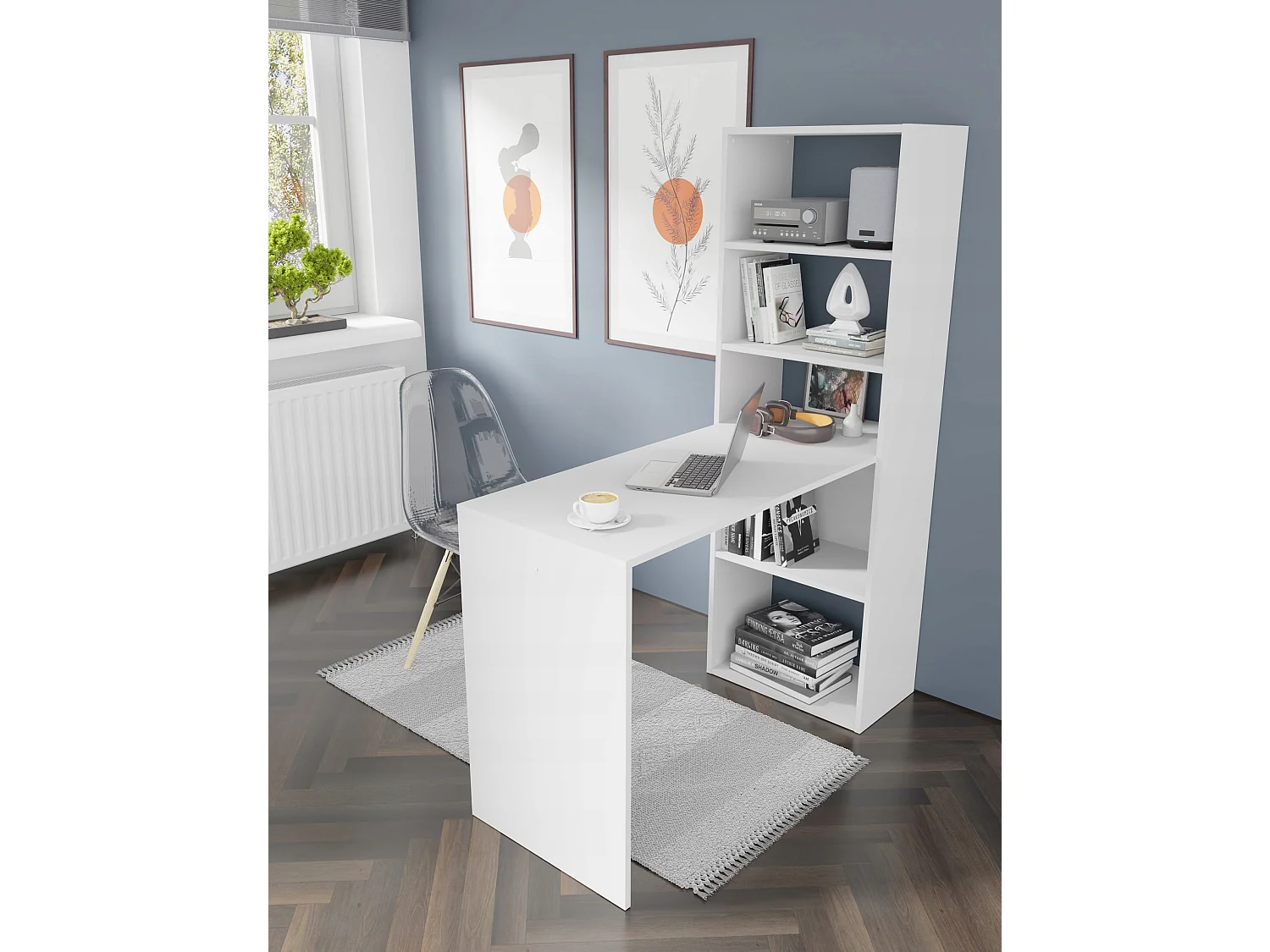 Bureau HARMONIE Table avec étagères pour ordinateur Bureau ménager blanc mat