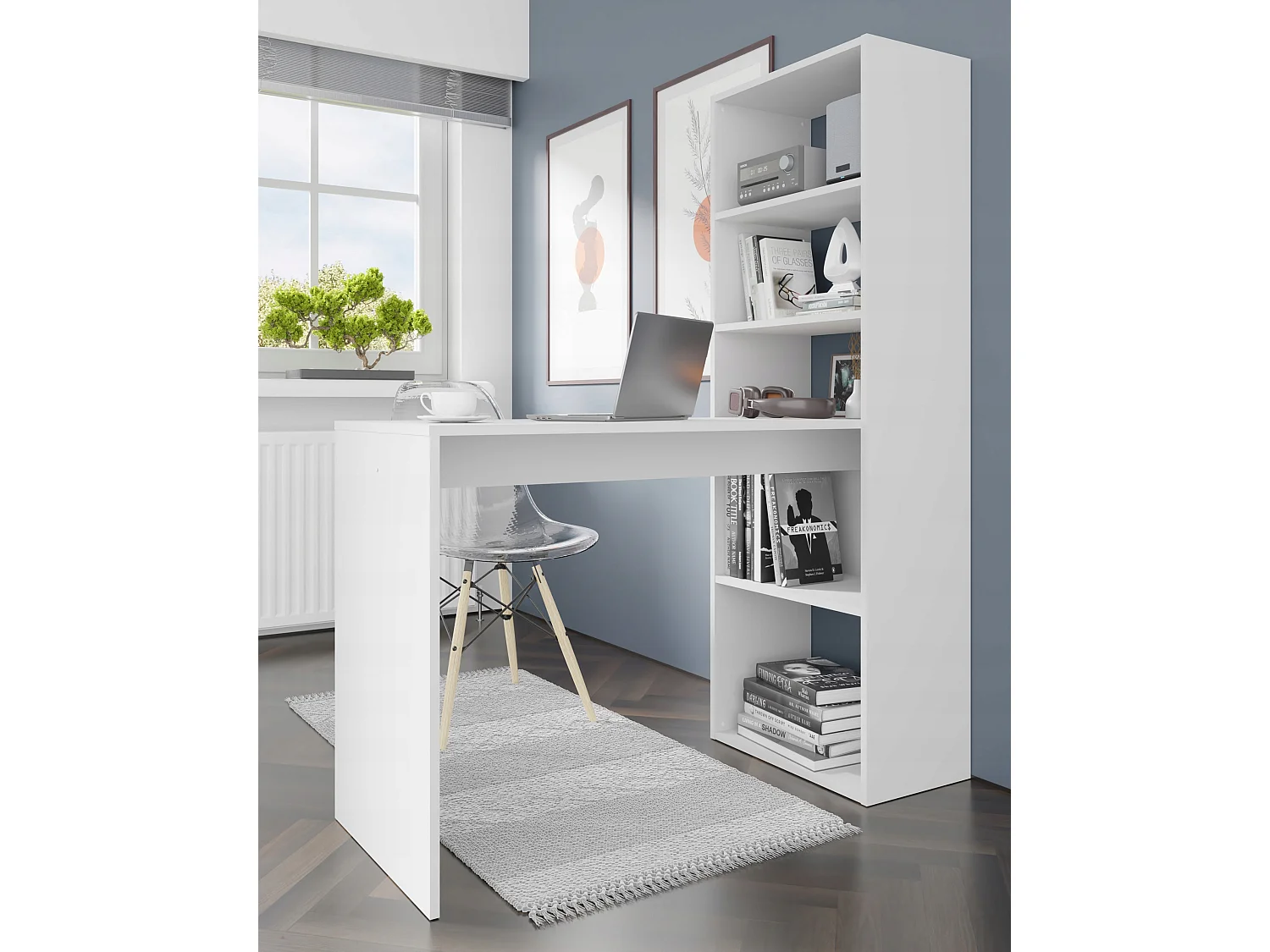 Bureau HARMONIE Table avec étagères pour ordinateur Bureau ménager blanc mat