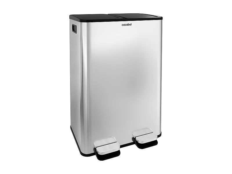 CASABEL Poubelle Tri Sélectif 60 Litres, Double Compartiments 2x30 Litres, Acier INOX Brossé, Rectangulaire à Pédales, Anti Traces / Odeurs