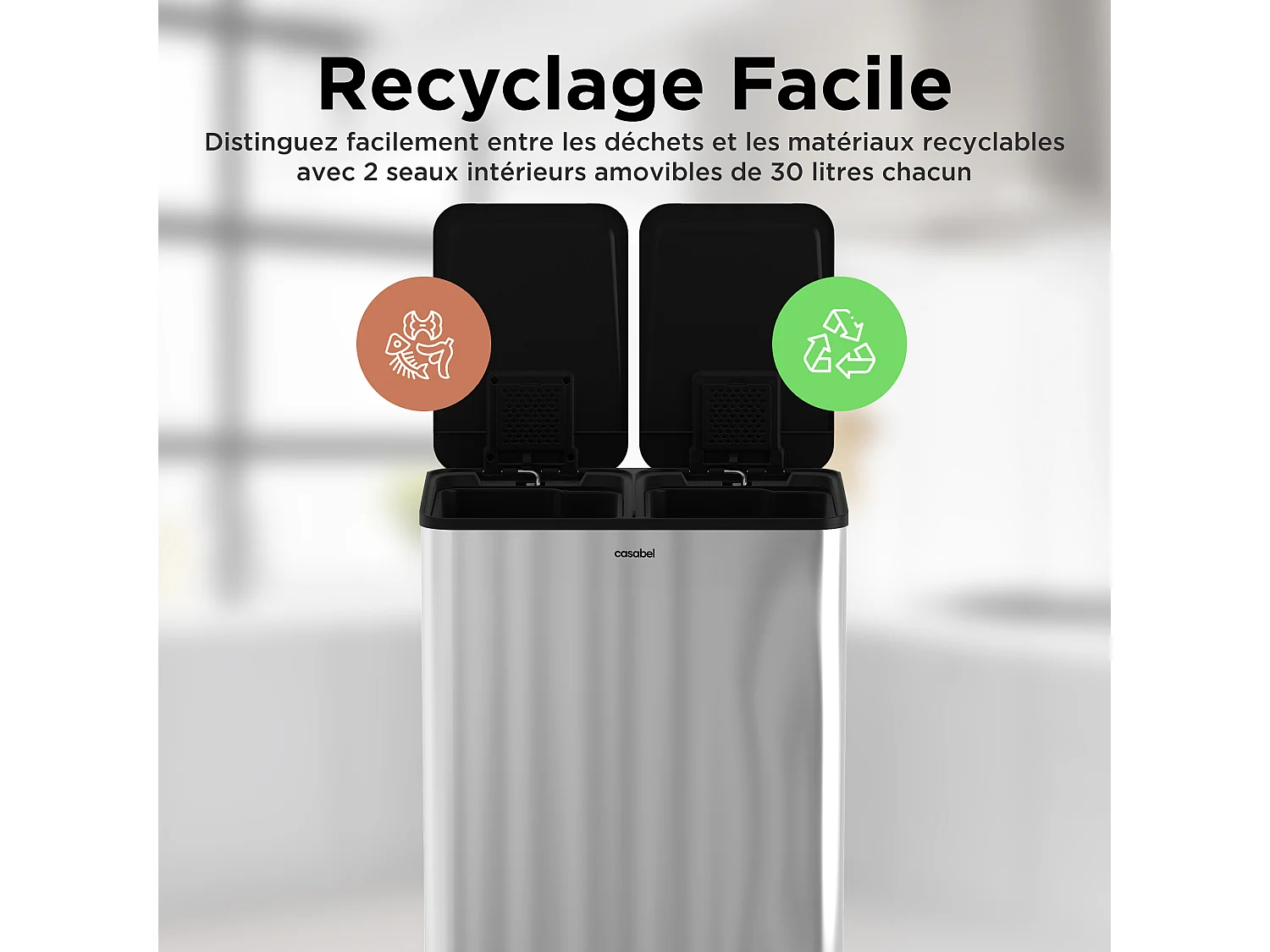 CASABEL Poubelle Tri Sélectif 60 Litres, Double Compartiments 2x30 Litres, Acier INOX Brossé, Rectangulaire à Pédales, Anti Traces / Odeurs