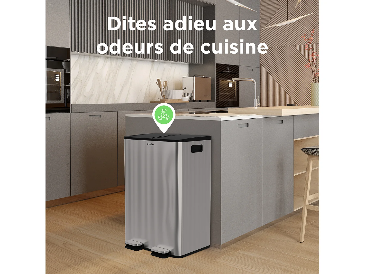CASABEL Poubelle Tri Sélectif 60 Litres, Double Compartiments 2x30 Litres, Acier INOX Brossé, Rectangulaire à Pédales, Anti Traces / Odeurs