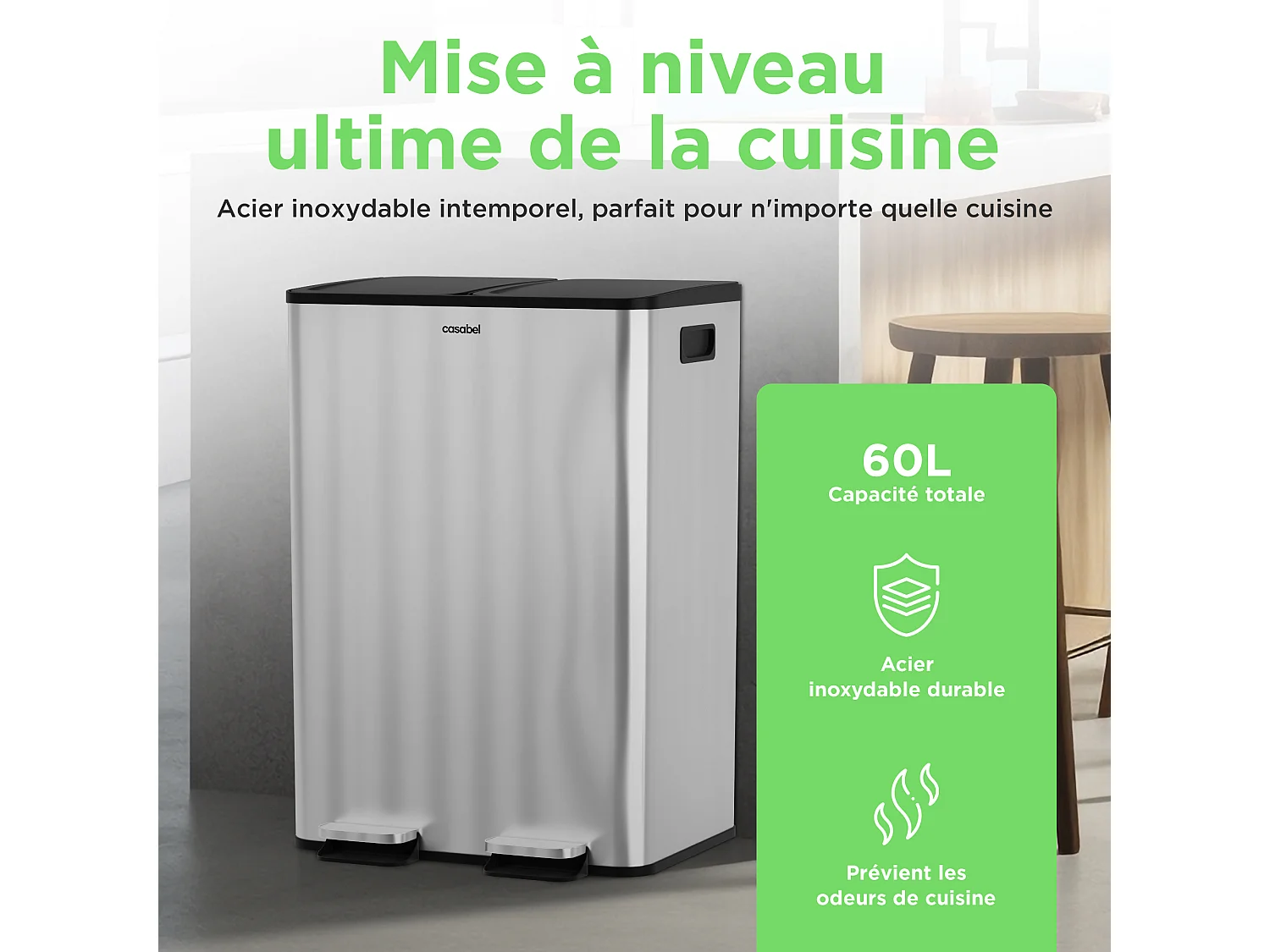CASABEL Poubelle Tri Sélectif 60 Litres, Double Compartiments 2x30 Litres, Acier INOX Brossé, Rectangulaire à Pédales, Anti Traces / Odeurs