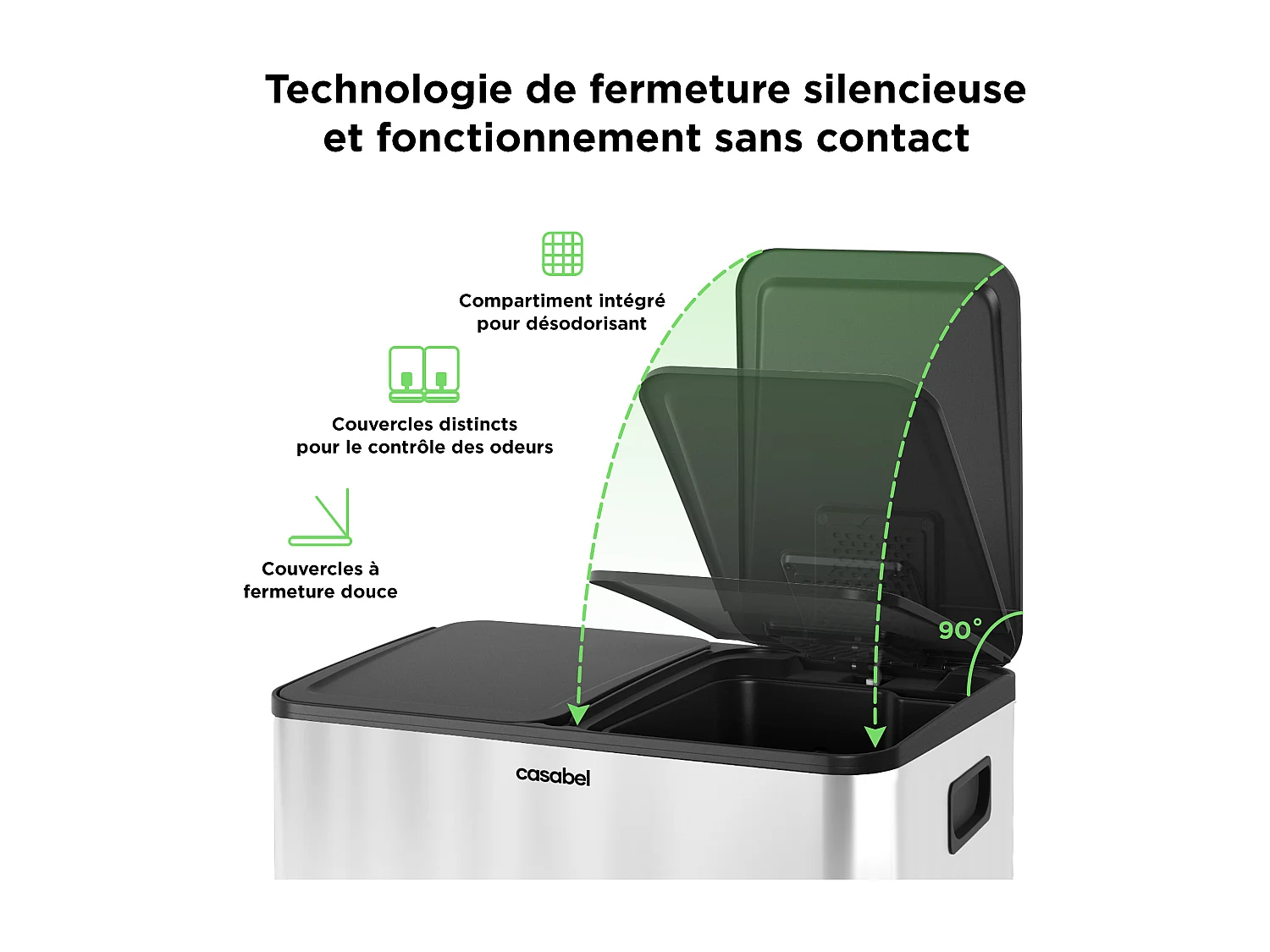 CASABEL Poubelle Tri Sélectif 60 Litres, Double Compartiments 2x30 Litres, Acier INOX Brossé, Rectangulaire à Pédales, Anti Traces / Odeurs