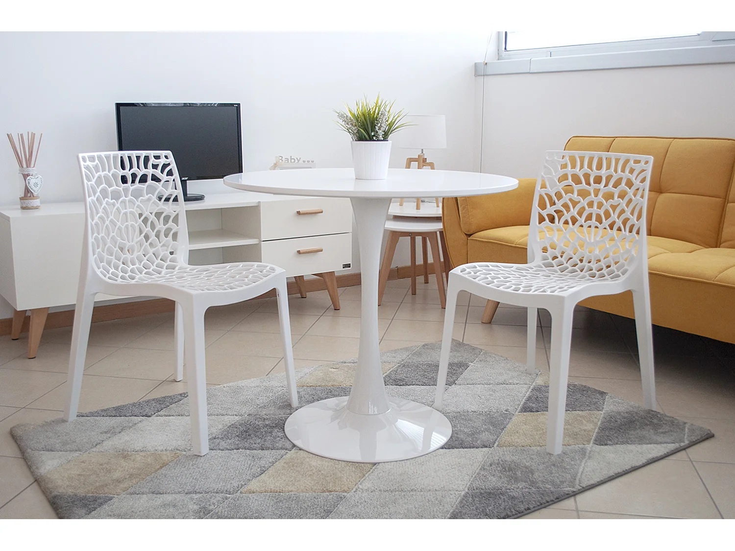 Tavolo rotondo 80 cm, tavolo da pranzo tondo bianco mod. Omar