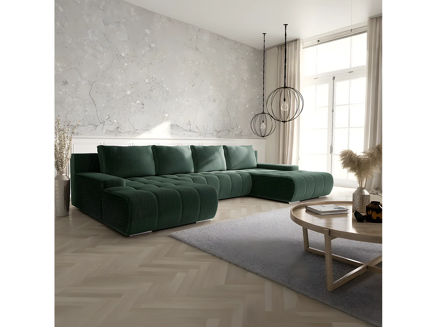 Canapé U 5 places convertible coffre Jonas velours côtelé Vert Sapin
