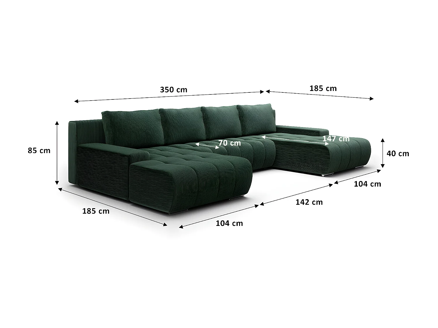 Canapé U 5 places convertible coffre Jonas velours côtelé Vert Sapin