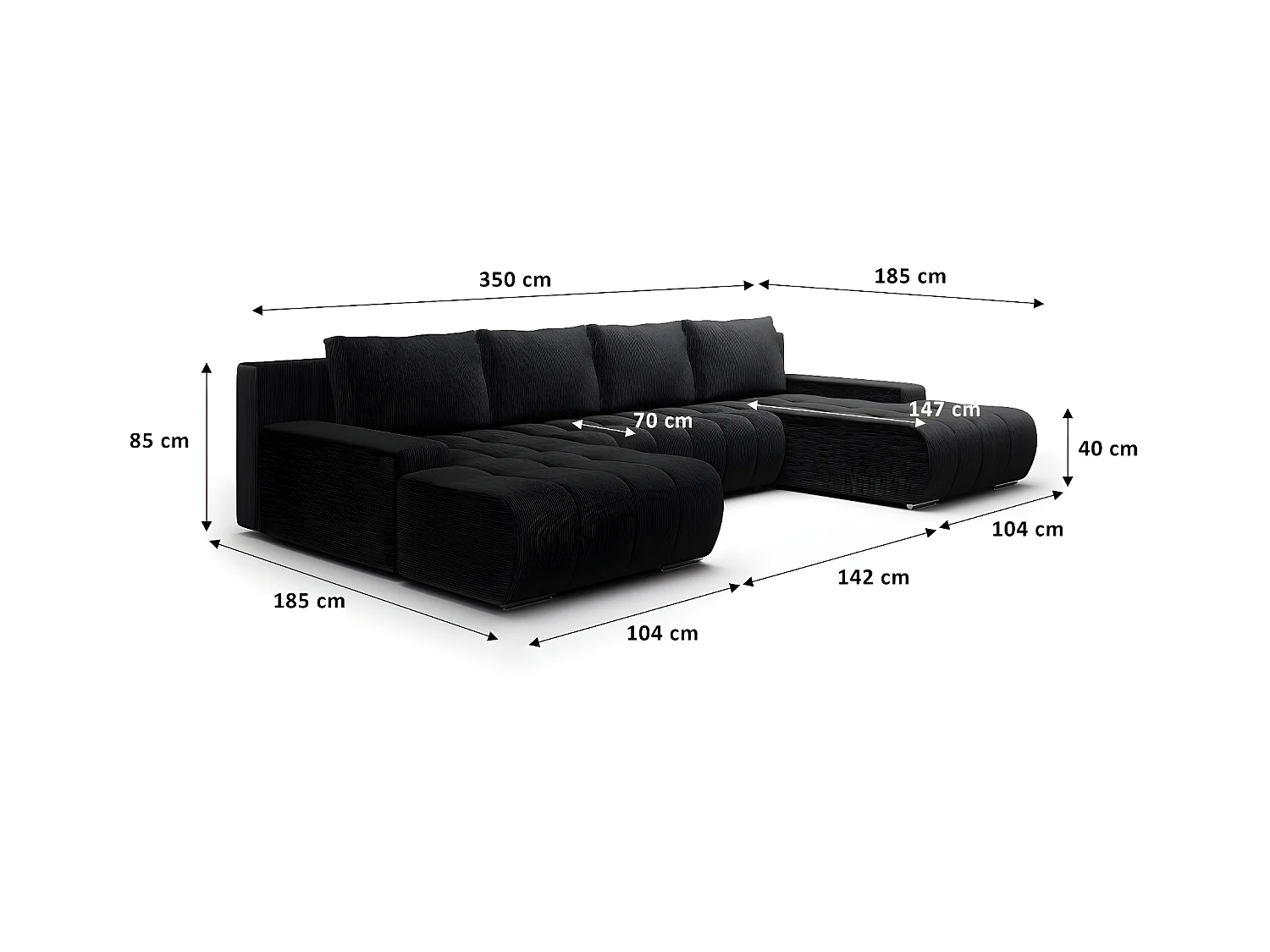 Canapé U 5 places convertible coffre Jonas velours côtelé Noir